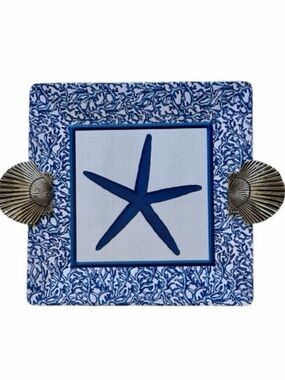 Mud Pie Starfish and Coral Print Large Melamine Square Tray with Shell Handles